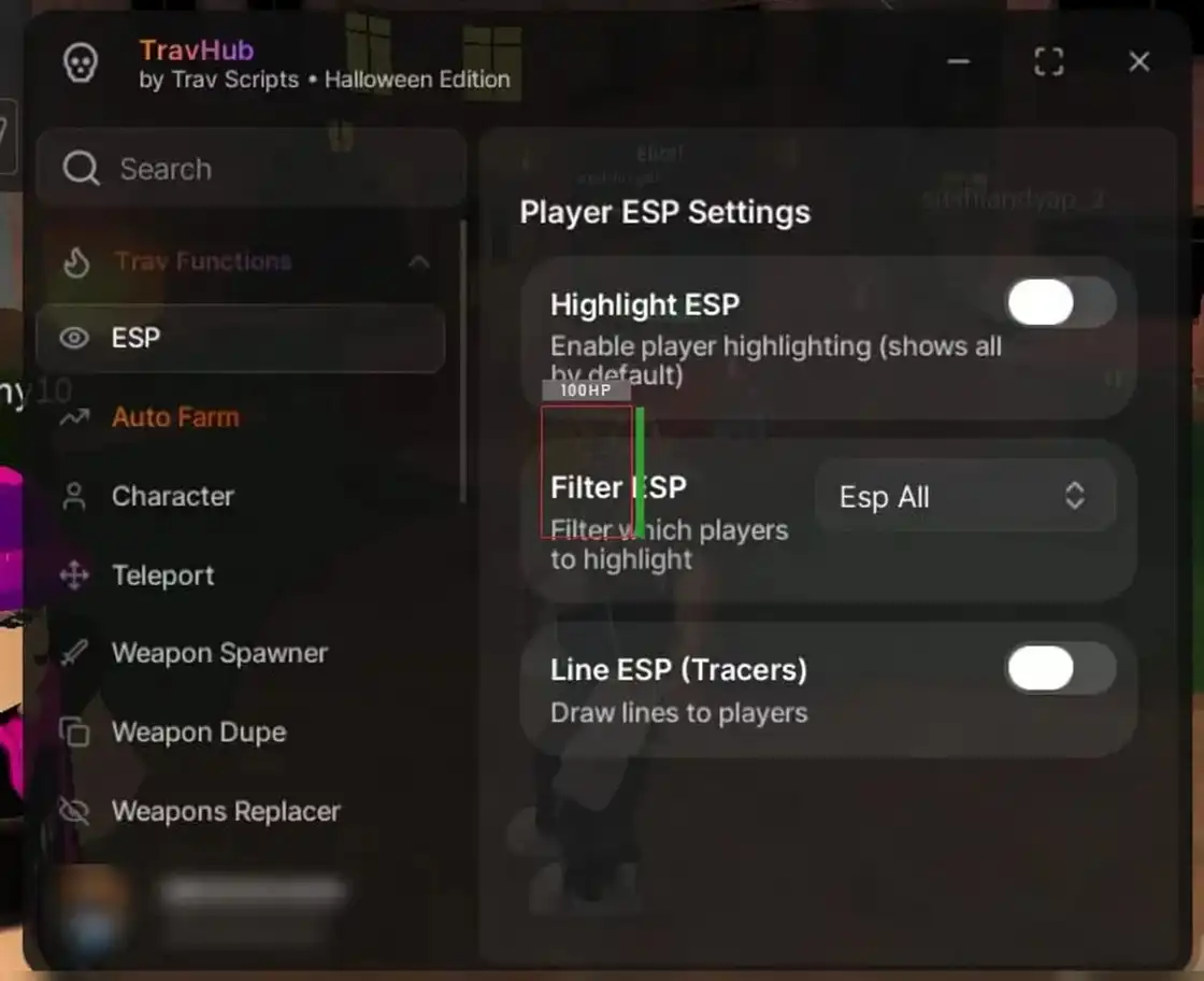 Скриншот скрипта TravHub — ESP, телепорт, Get Gun, Авто Фарм для Murder Mystery 2 в Роблокс